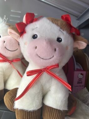 Cute Plush Cow Doll with Red Ribbon